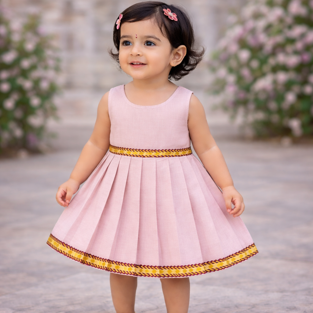 Girls Solid Color Ethnic Pavadai Set (Pink1)