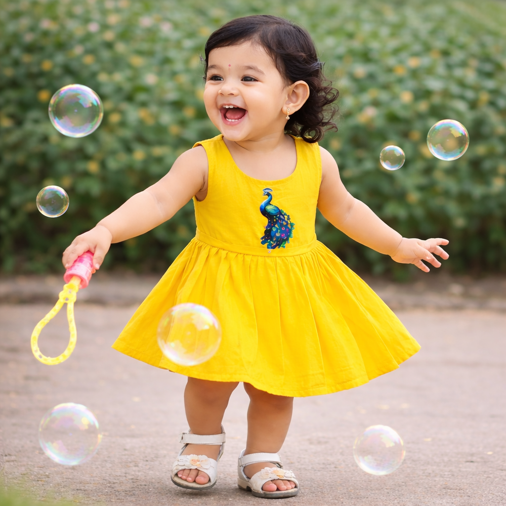 Girls Soft Finish Ethnic Dress (Yellow)