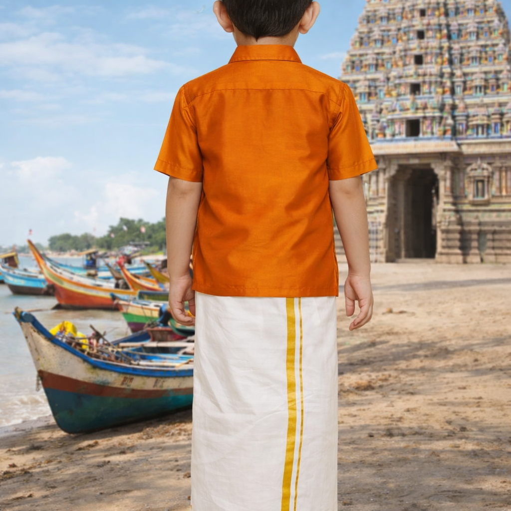 Boys Solid Colour Shirt and Dhoti Set(orange-and-cream-dhoti)