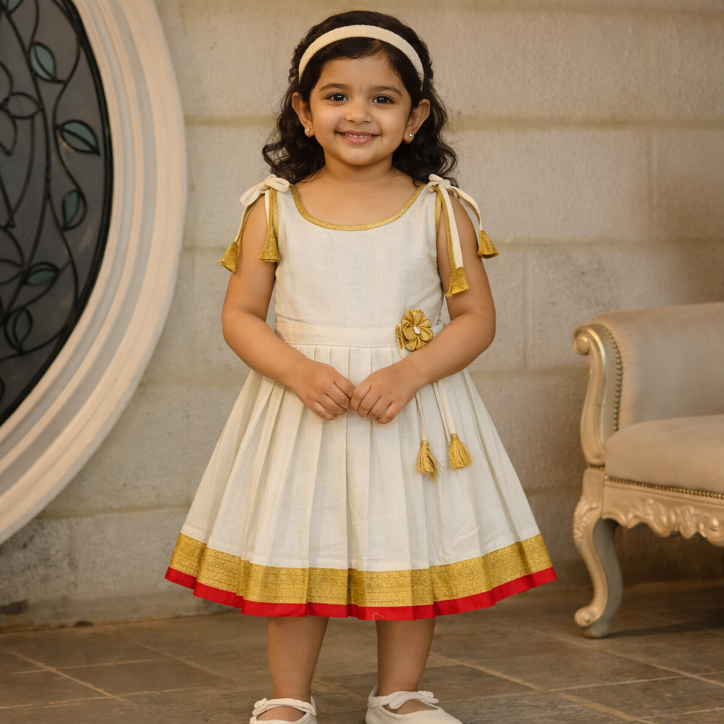 Girls Ethnic Kerala Kasavu Pavadai Set(Off-White1)