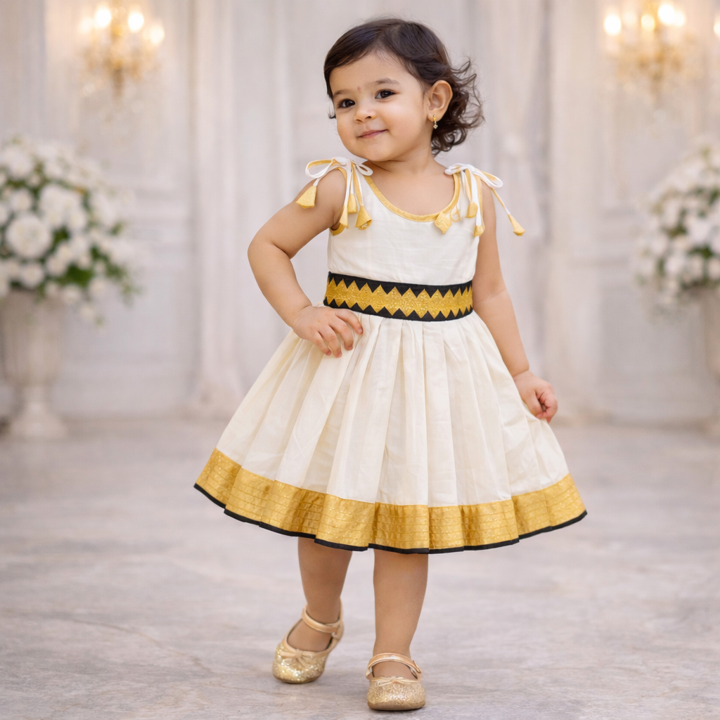 Girls Ethnic Kerala Kasavu Pavadai Set(Off-white2)