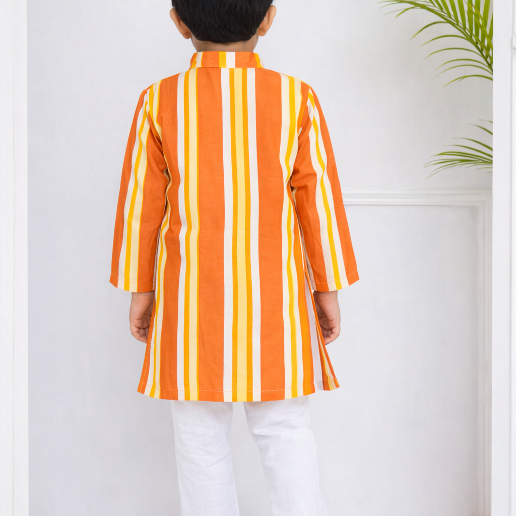 Boys Cotton Popline Printed Kurta Pyjama Set(orange-and-white1)