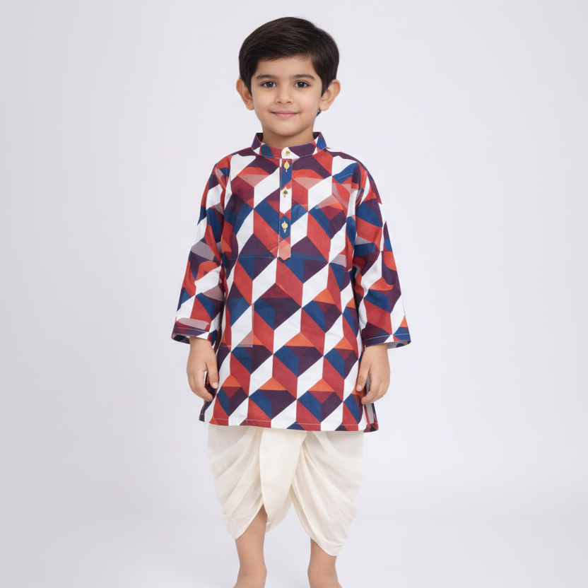 Boys Cotton Popline Printed Kurta DhotiPant Set(multicolour2-and-cream2)