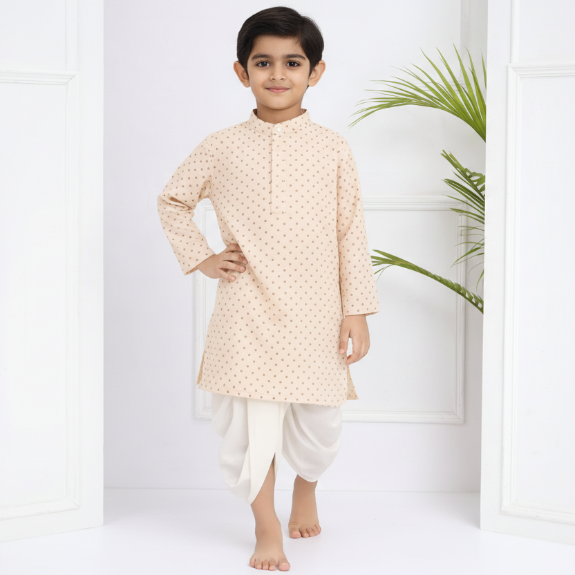 Boys Cotton Popline Printed Kurta DhotiPant Set(beige-and-cream1)