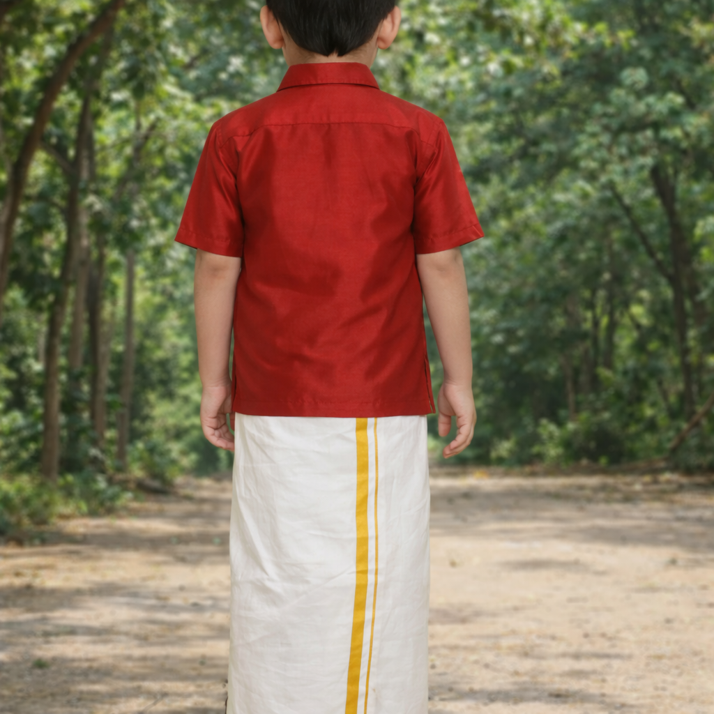 Boys Solid Colour Shirt and Dhoti Set(red-and-cream-dhoti)