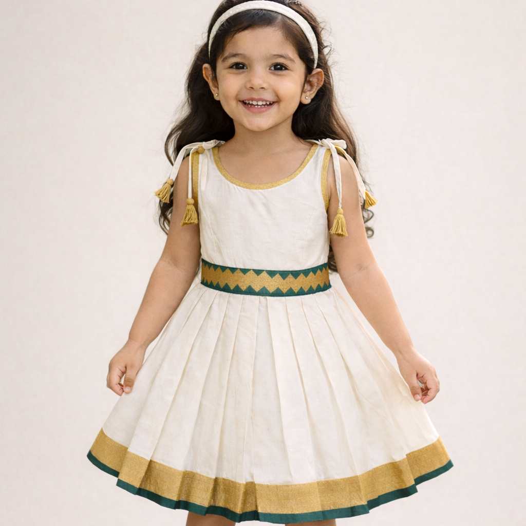 Girls Ethnic Kerala Kasavu Pavadai Set(Off-white4)