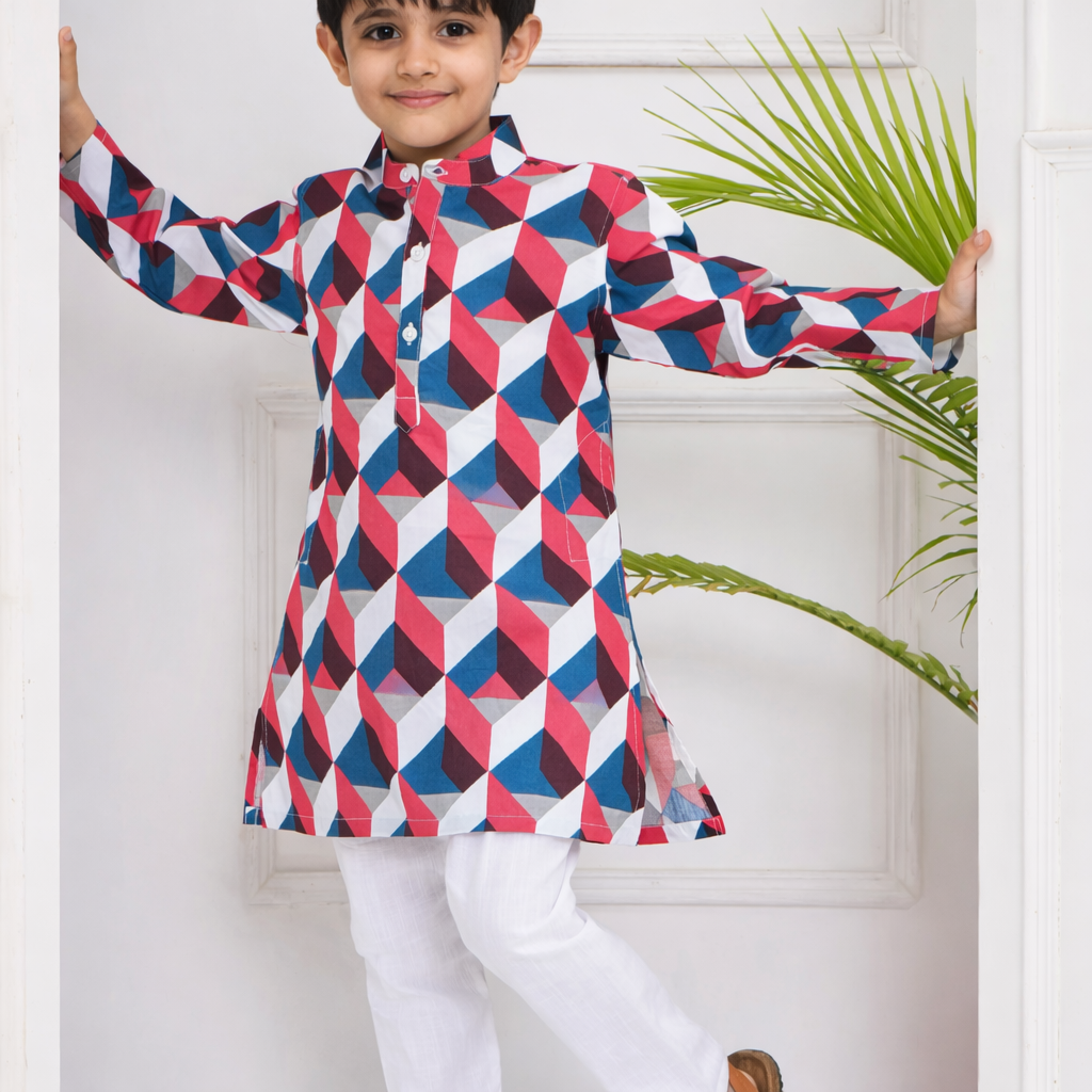 Boys Cotton Popline Printed Kurta Pyjama Set(multicolour1-and-white1)