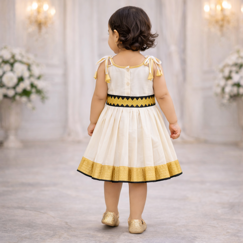 Girls Ethnic Kerala Kasavu Pavadai Set(Off-white2)