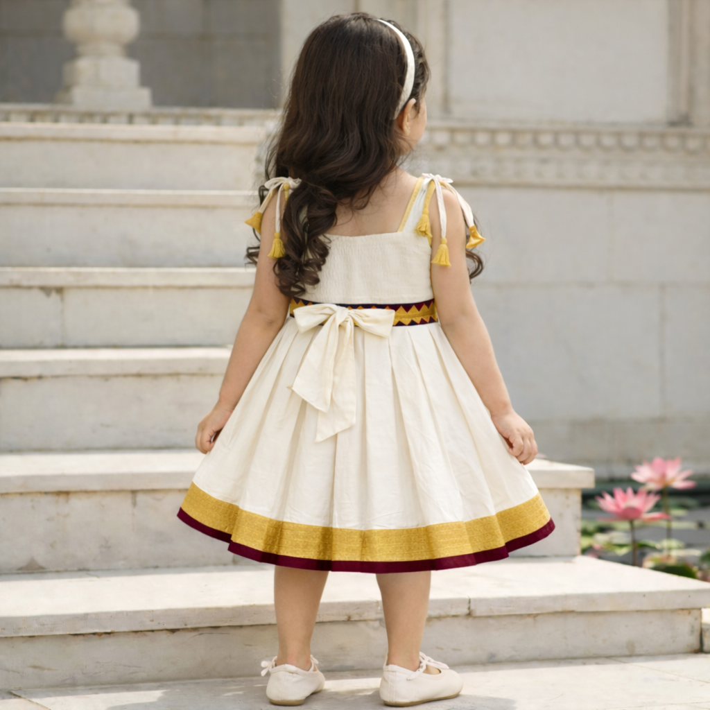 Girls Ethnic Kerala Kasavu Pavadai Set(Off-white3)