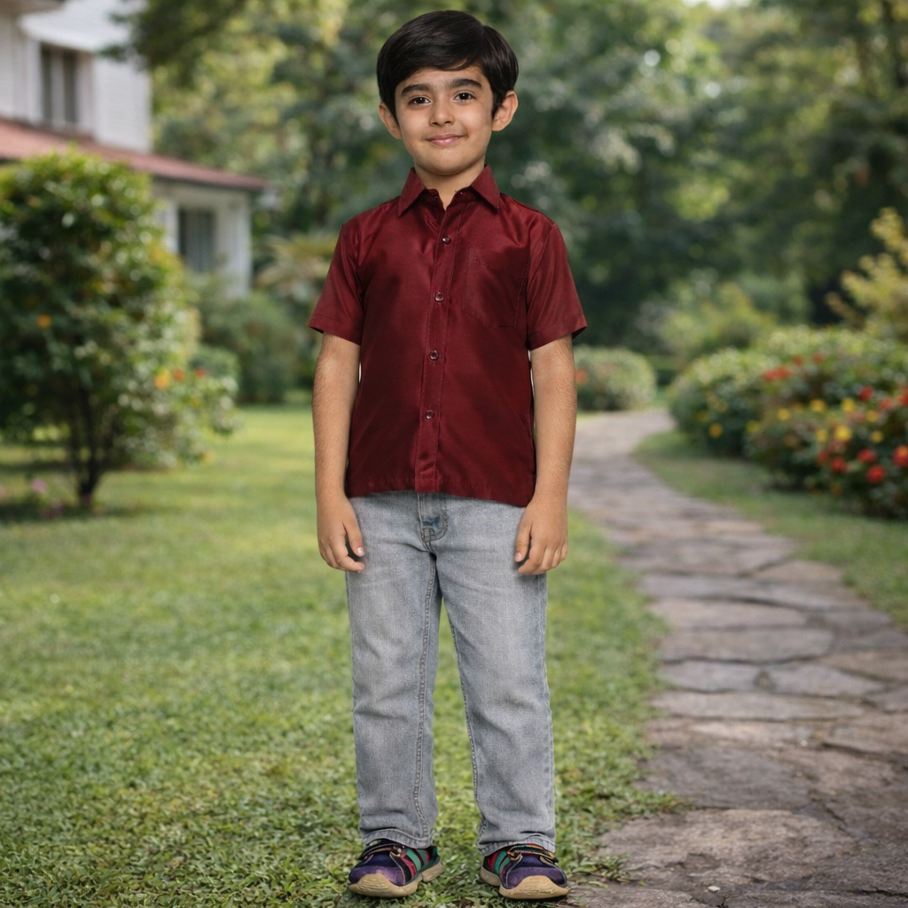 Boys Maroon Colour Polyester Shirt(maroon)