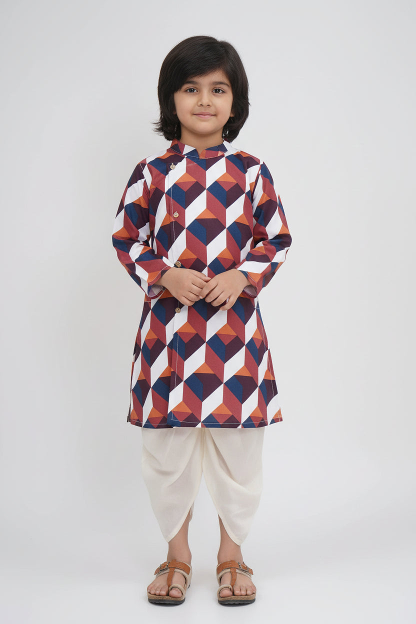 Boys Cotton Popline Printed Kurta DhotiPant Set(multicolour2-and-cream2)