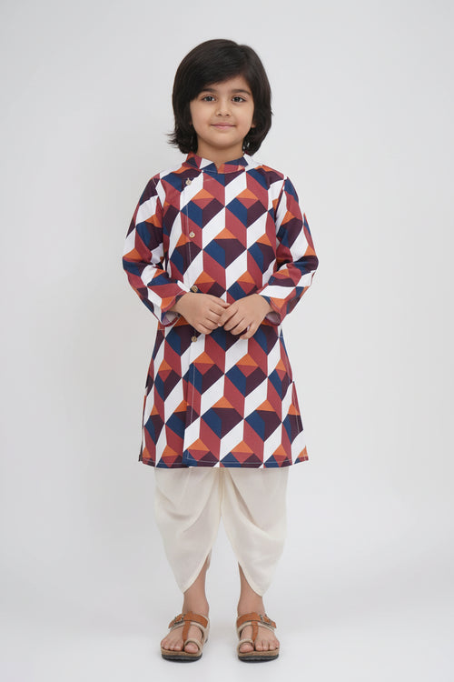 Boys Cotton Popline Printed Kurta DhotiPant Set(multicolour2-and-cream2)