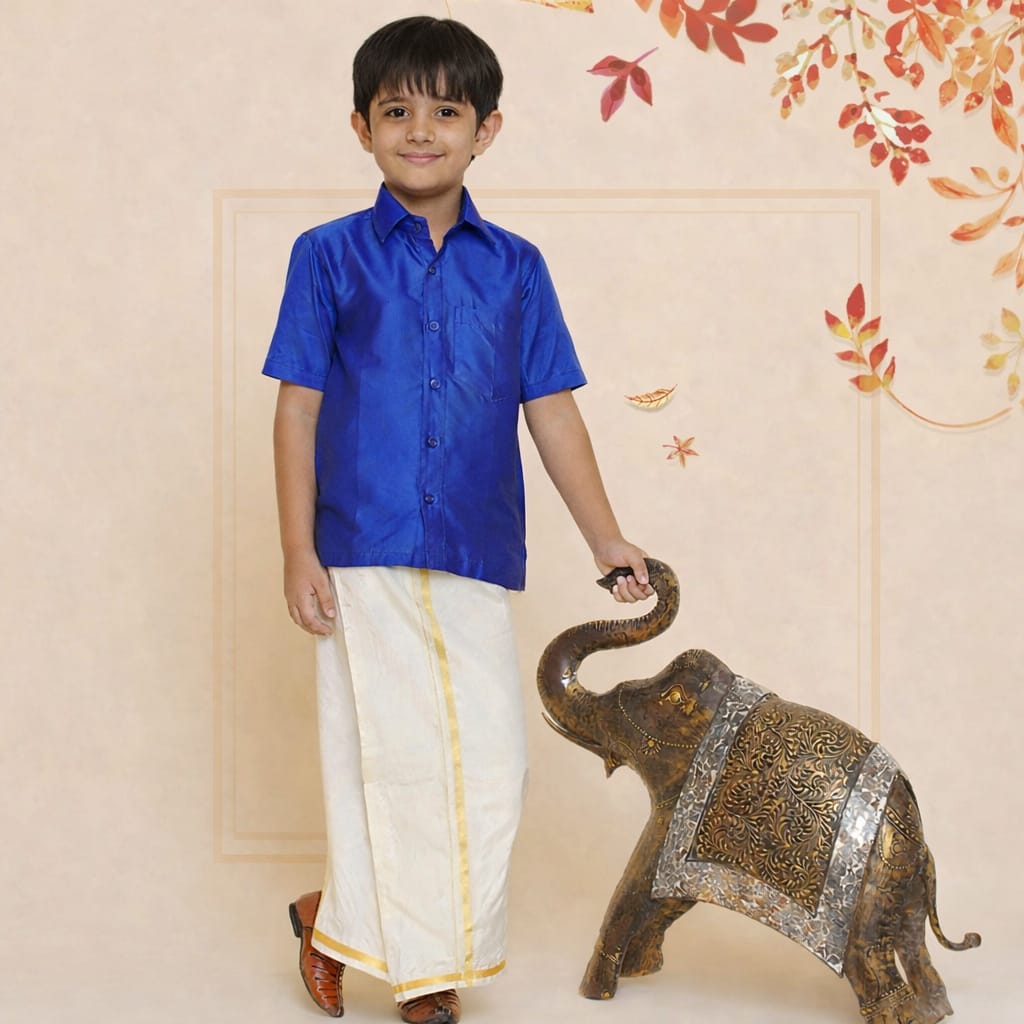 Boys Solid Colour Shirt and Dhoti Set(ibm-blue-and-cream-dhoti)