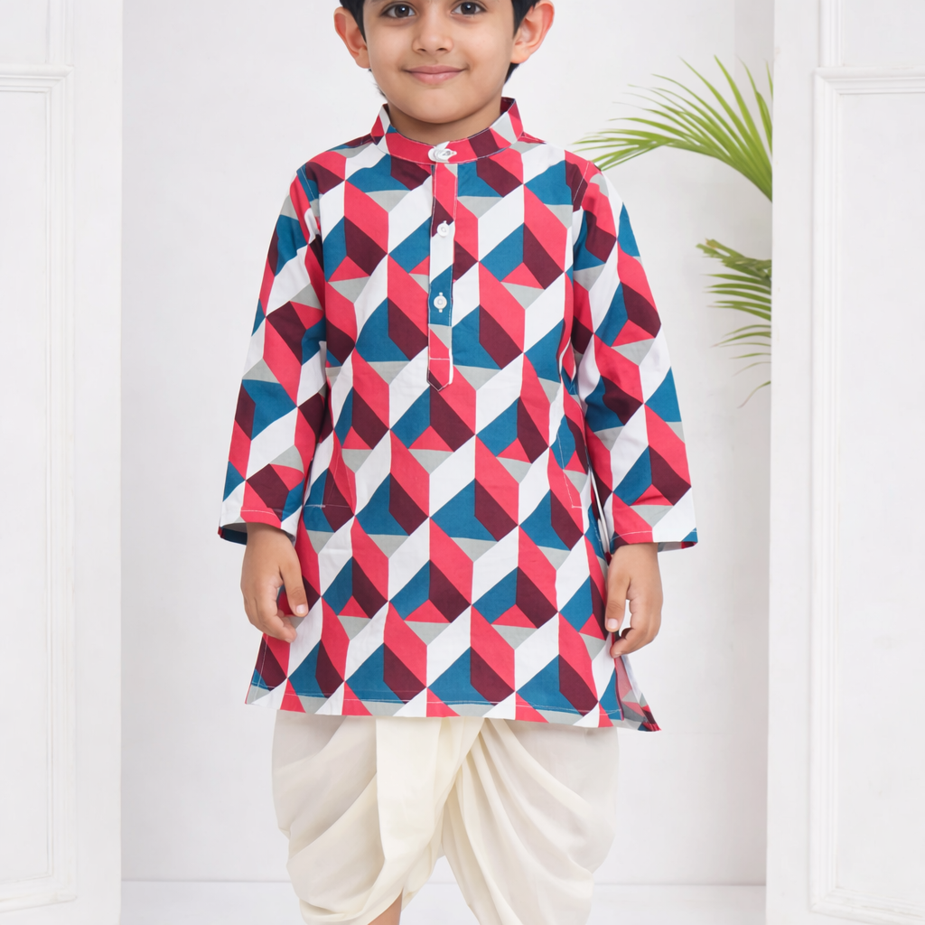 Boys Cotton Popline Printed Kurta DhotiPant Set(multicolour1-and-cream1)