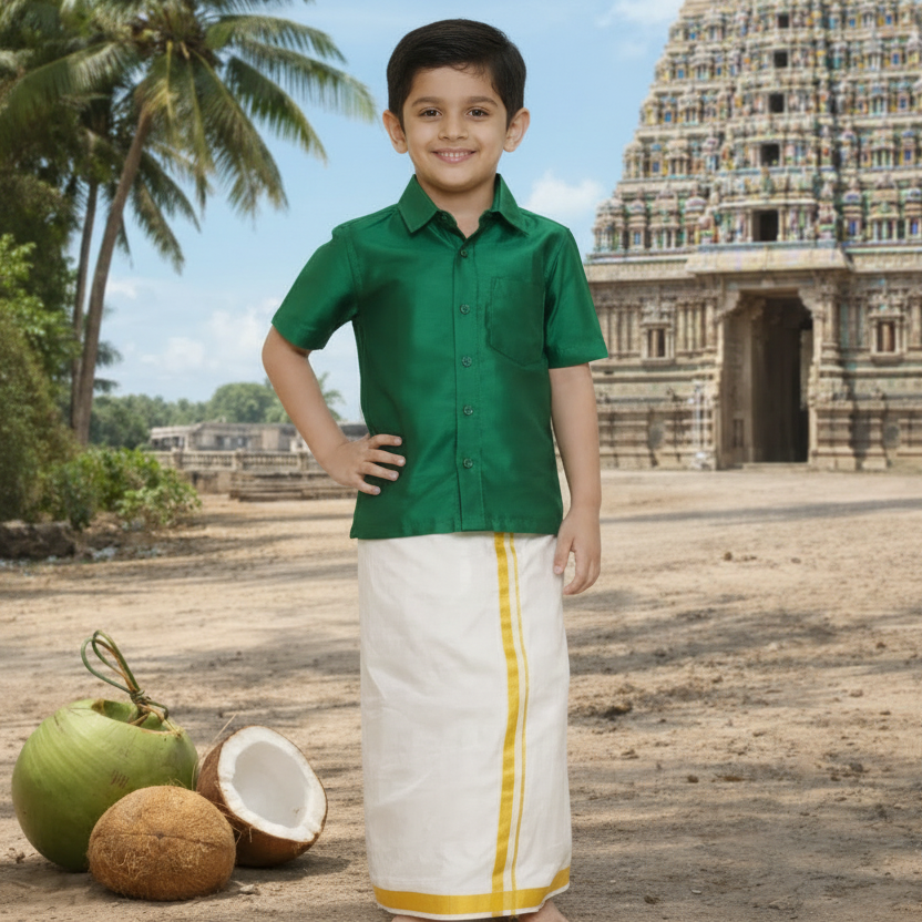 Boys Solid Colour Shirt and Dhoti Set(green-and-cream-dhoti)