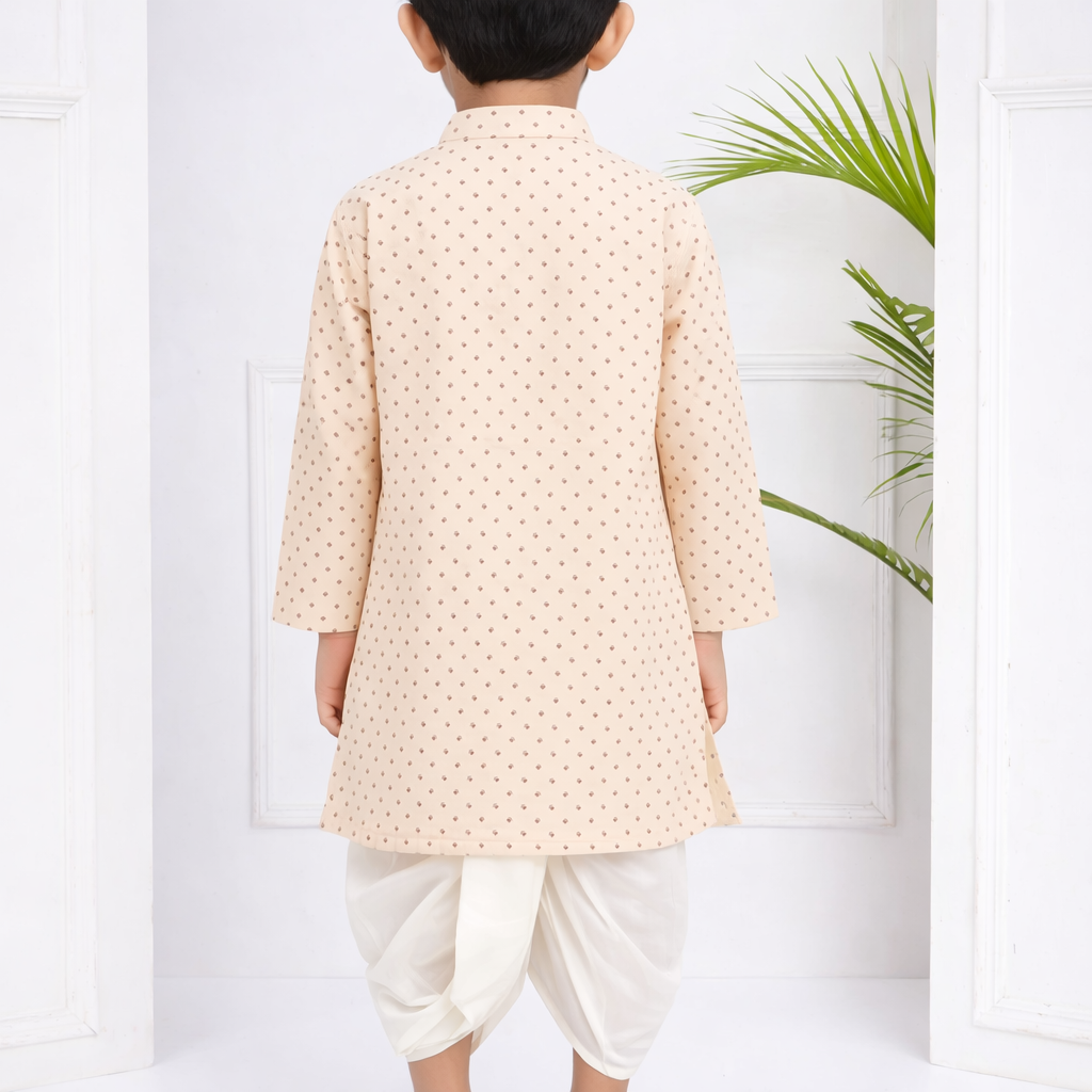 Boys Cotton Popline Printed Kurta DhotiPant Set(beige-and-cream1)