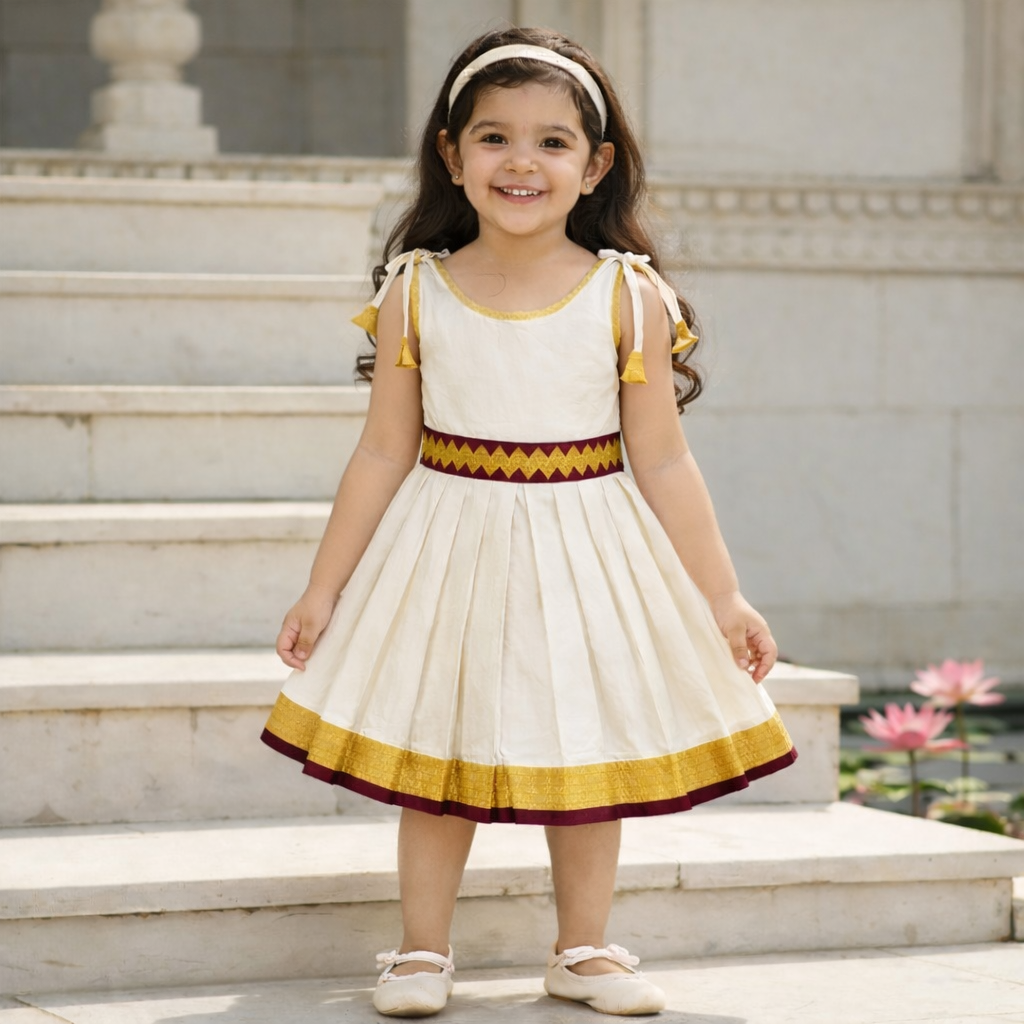 Girls Ethnic Kerala Kasavu Pavadai Set(Off-white3)