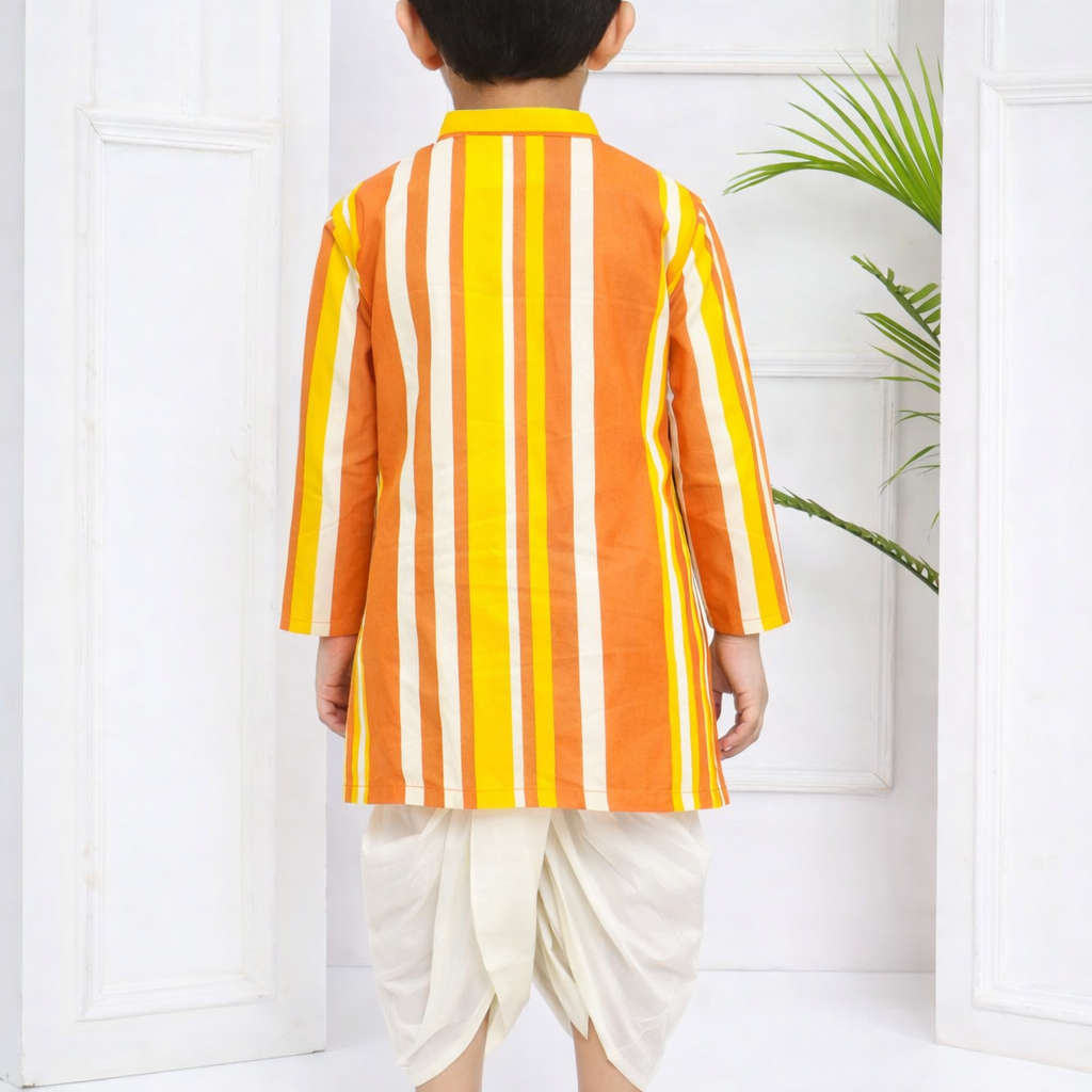 Boys Cotton Popline Printed Kurta DhotiPant Set(orange-and-cream1)
