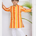 Boys Cotton Popline Printed Kurta Pyjama Set(orange-and-white1)
