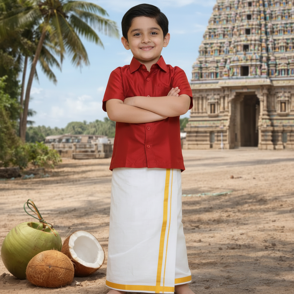 Boys Ethnic Shirt with Dhoti Set(red-and-white-dhoti)