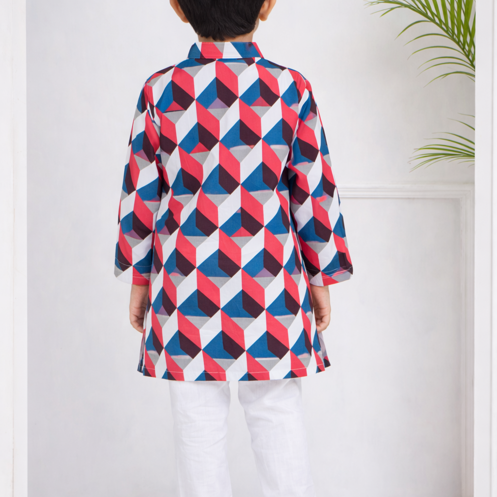 Boys Cotton Popline Printed Kurta Pyjama Set(multicolour1-and-white1)