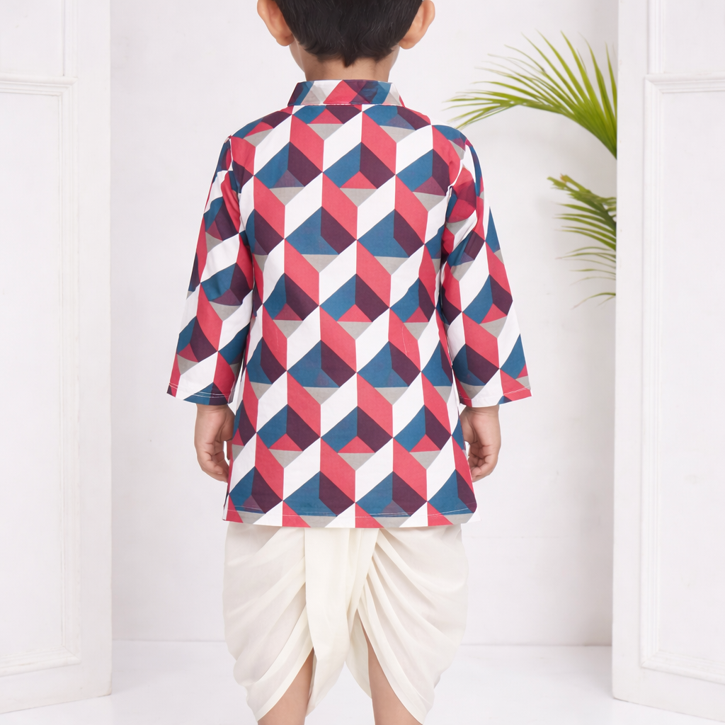 Boys Cotton Popline Printed Kurta DhotiPant Set(multicolour1-and-cream1)