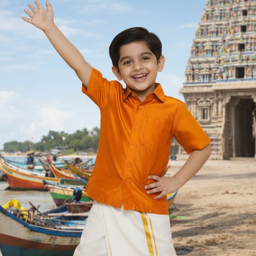 Boys Solid Colour Shirt and Dhoti Set(orange-and-cream-dhoti)