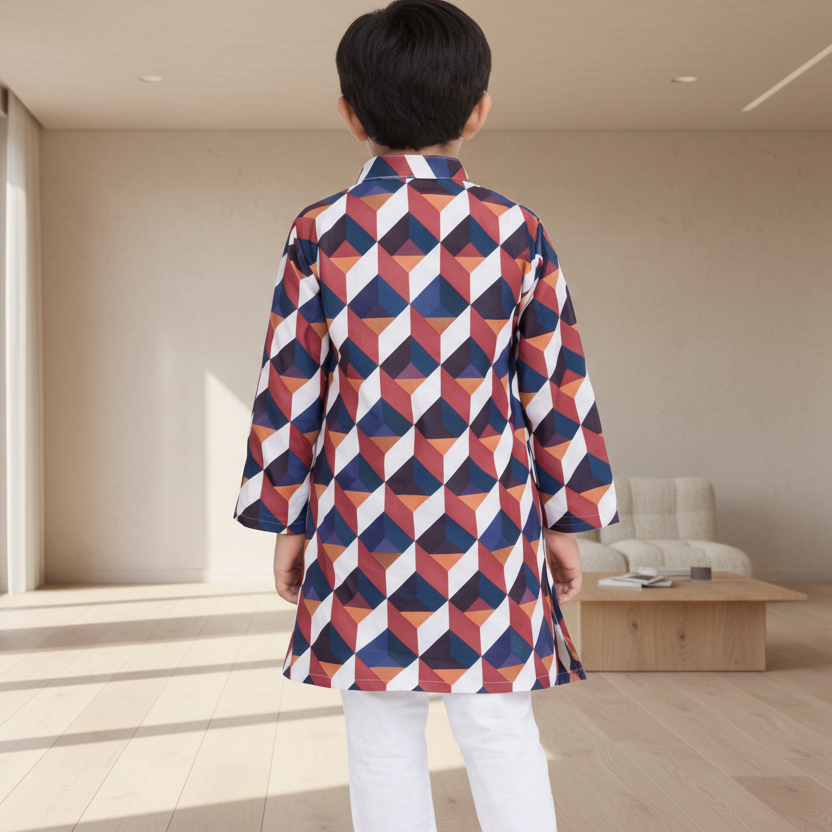 Boys Cotton Popline Printed Kurta Pyjama Set(multicolour2-and-white2)