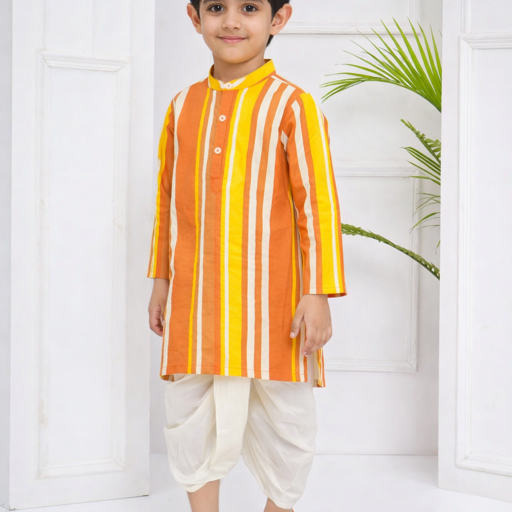 Boys Cotton Popline Printed Kurta DhotiPant Set(orange-and-cream1)