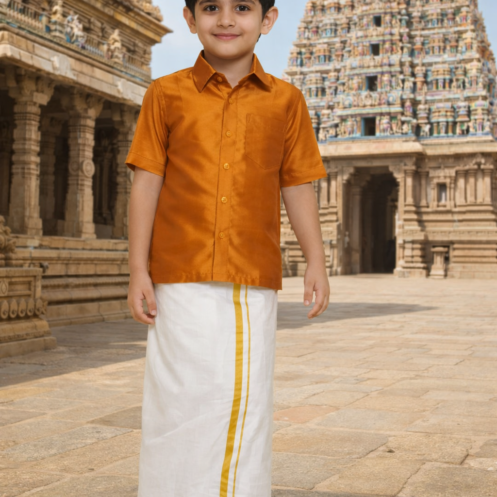 Boys Solid Colour Shirt and Dhoti Set(mustard-and-cream-dhoti)